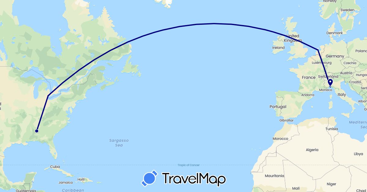 TravelMap itinerary: driving in Italy, Netherlands, United States (Europe, North America)